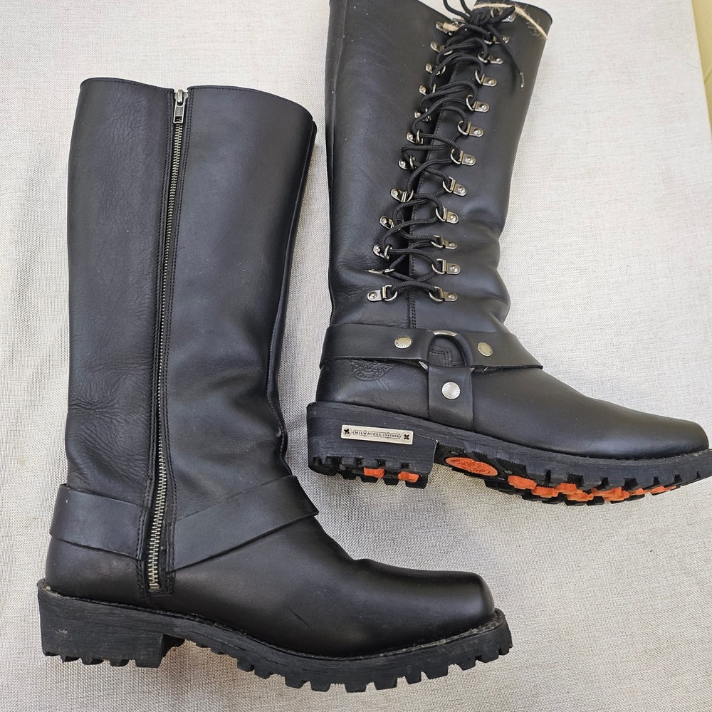 Milwaukee Leather MBL 9365 Black Tall Biker Boots Womens 10 Harness Lace Up Zip